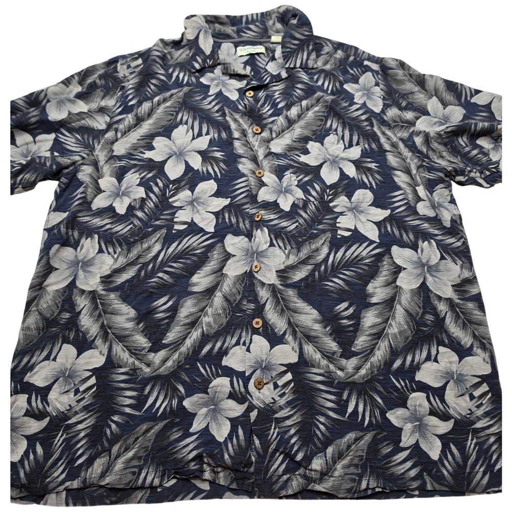 Caribbean Pure Silk Mens 2XT Blue Floral Palm Tropical Camp Shirt Short Sleeve